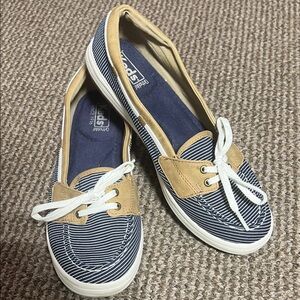 Keds Navy Striped Canvas Boat Flats Tan  sneakers slip on shoes 9.5